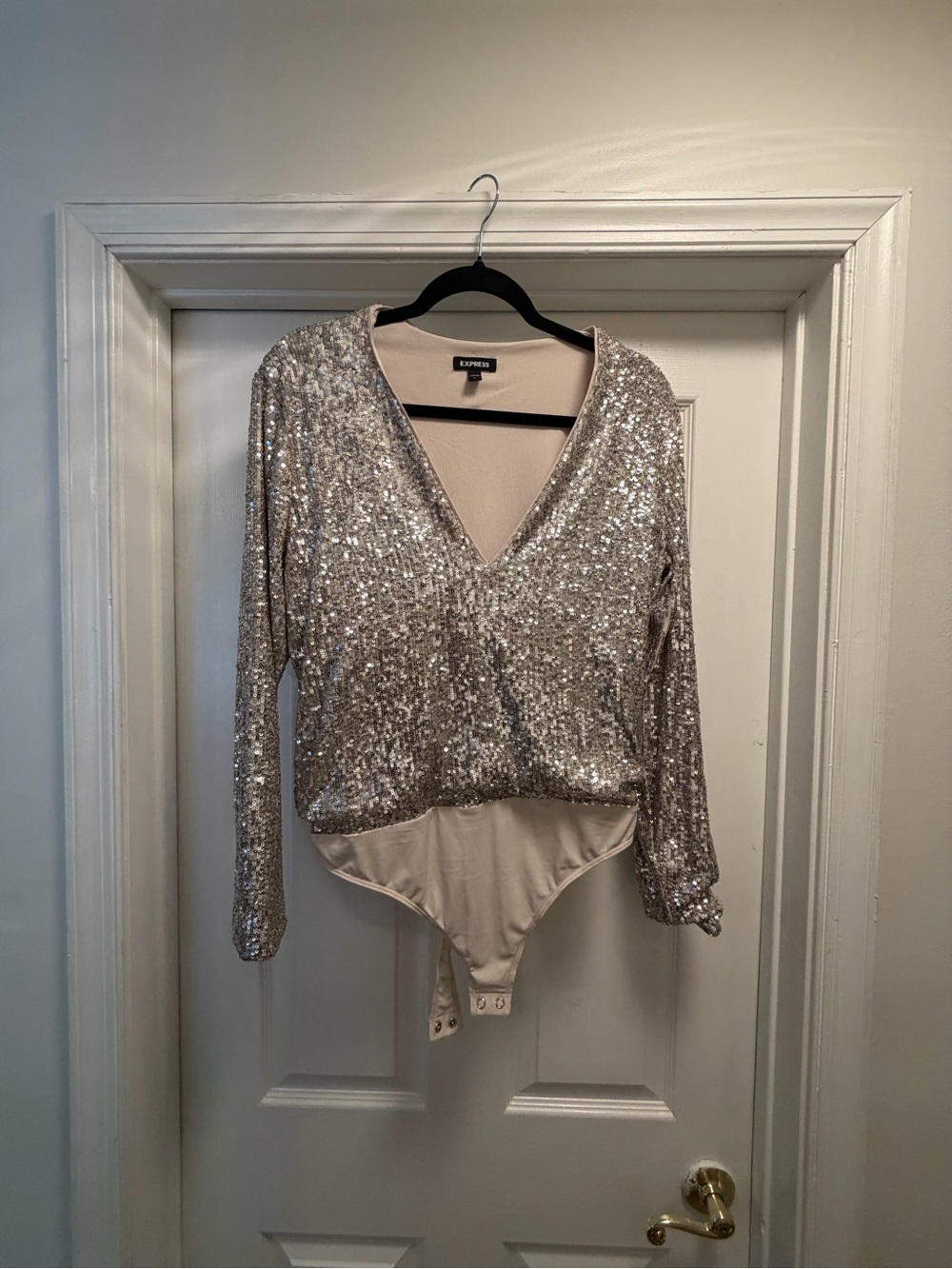 Express Silver Sequin V-Neck Long Sleeve Bodysuit
